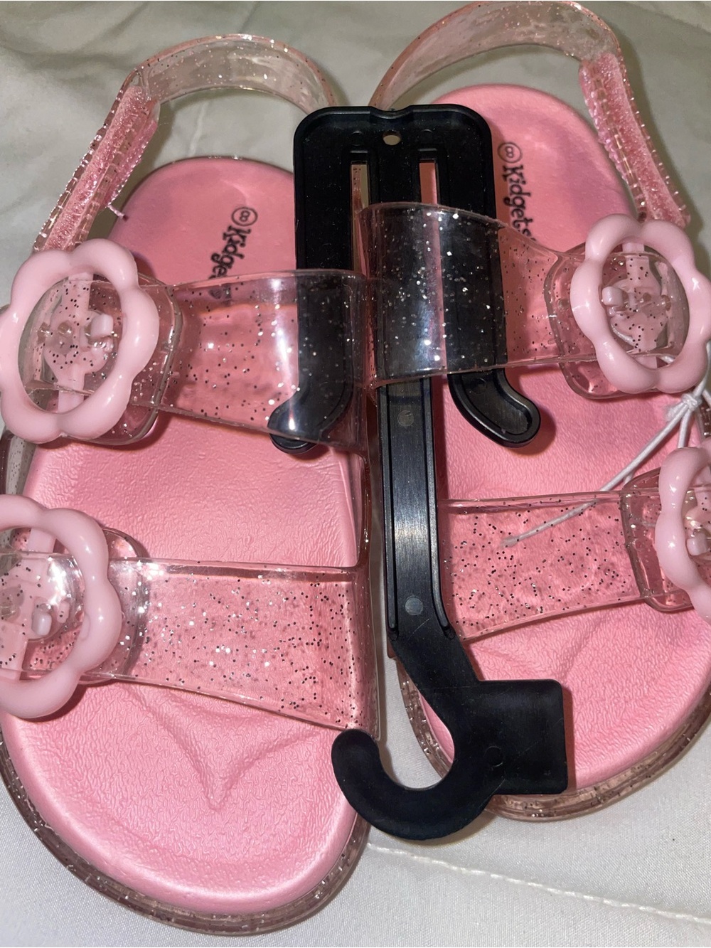 Kidgets Pink Glitter Jelly Sandals with Floral Buckles
